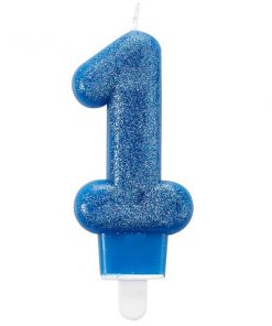 Number 1 Blue Glitter Candle