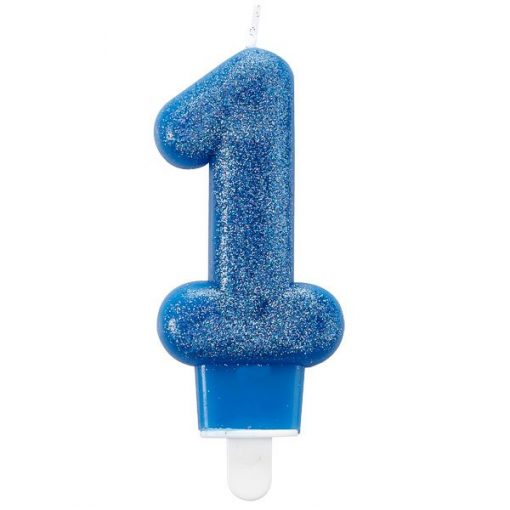 Number 1 Blue Glitter Candle