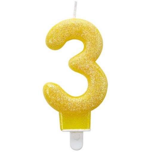 Number 3 Yellow Glitter Candle