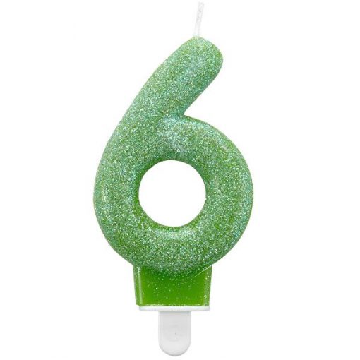 Number 6 Green Glitter Candle