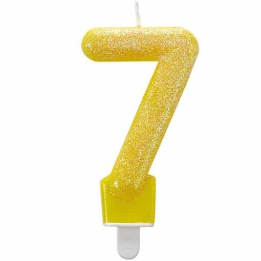 Number 7 Yellow Glitter Candle