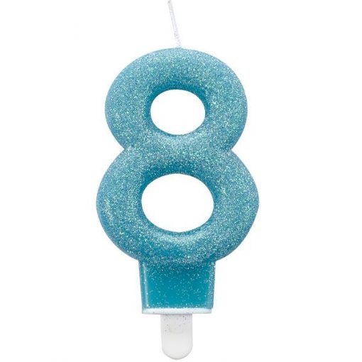 Number 8 Blue Glitter Candle