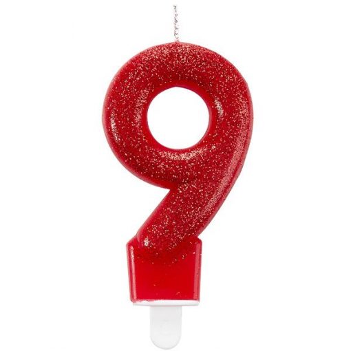 Number 9 Red Glitter Candle