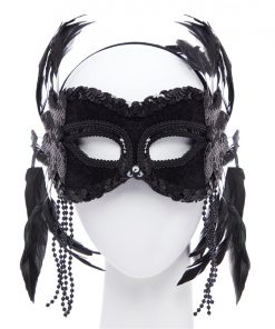 Black Masquerade Mask with Feathers & Beads