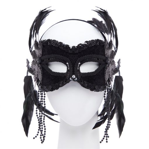 Black Masquerade Mask with Feathers & Beads