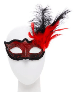 Red Masquerade Mask with Glitter & Feathers