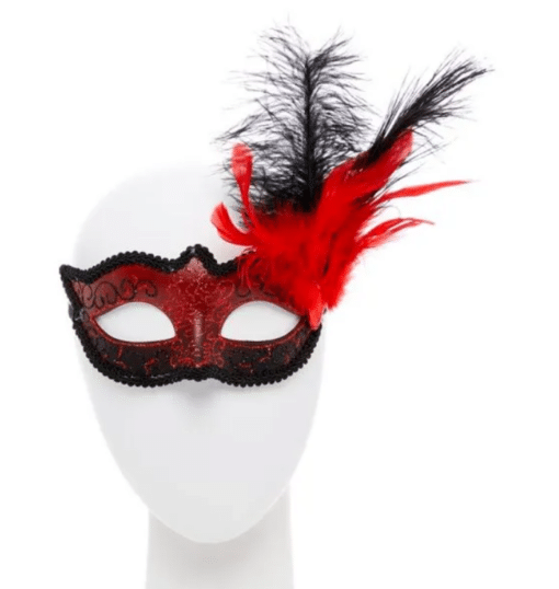 Red Masquerade Mask with Glitter & Feathers