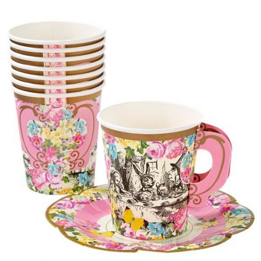 Alice in Wonderland Party Themed Paper Party Cups with Saucers