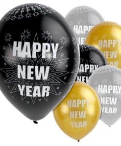 Happy New Year Silver & Black Balloons