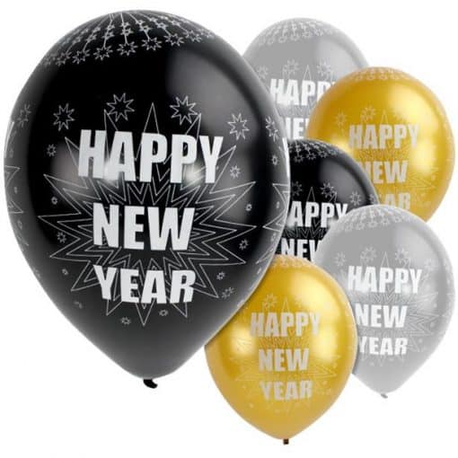 Happy New Year Silver & Black Balloons