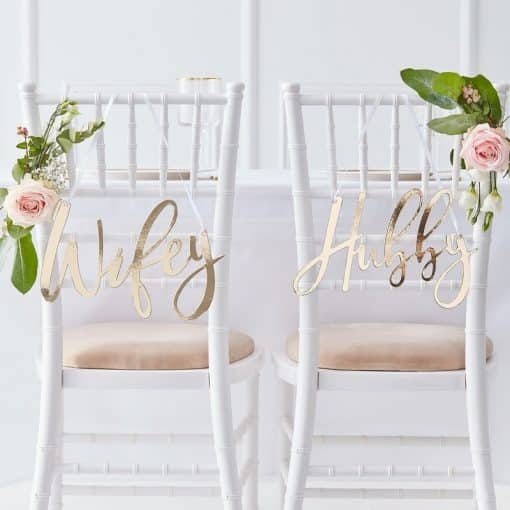 Gold Wedding Wifey & Hubby Chair Signs