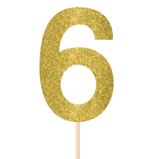 Number 6 Large Gold Glitter Pick