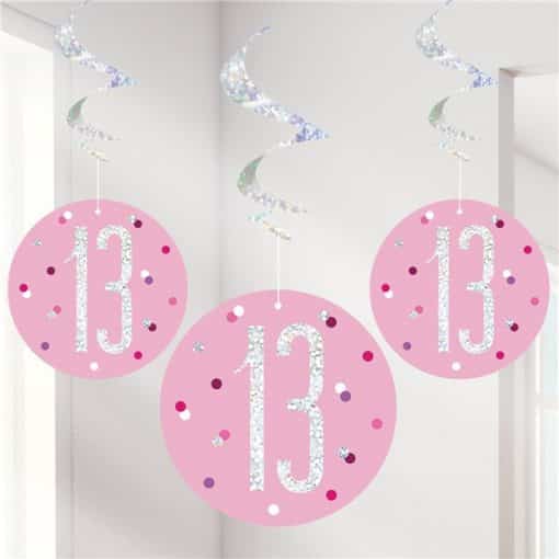 Pink Birthday Glitz Age 13 Hanging Swirls