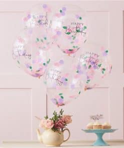 Pretty Floral Tea Party Confetti Filled Happy Birthday Latex Balloons