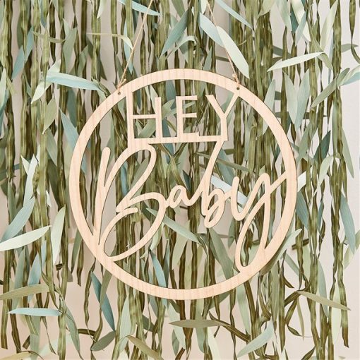 Botanical Baby Shower Themed Wooden Hey Baby Sign Decoration - 36cm