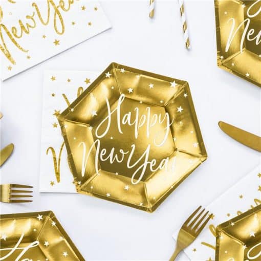 Happy New Year Metallic Gold Paper Hexagonal Plates