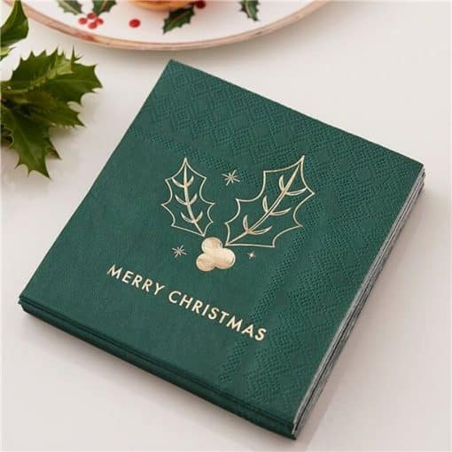 Merry Christmas Holly Foil Printed Napkins