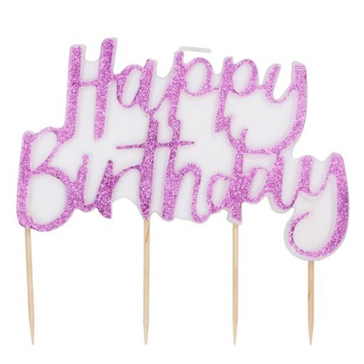 Pink Glitter Happy Birthday Cake Candle