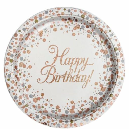 White & Rose Gold Happy Birthday Paper Plate - 23cm