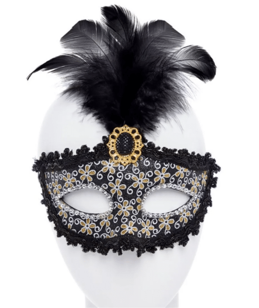 Black Glittery Masquerade Mask with Tall Feather & Gem