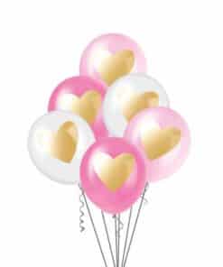 Pink & White Latex Balloons with Gold Heart Print