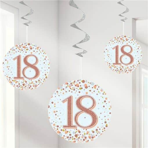 White & Rose Gold 18th Hanging Swirl Decorations