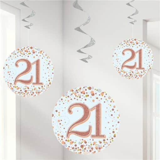 White & Rose Gold 21st Hanging Swirl Decorations