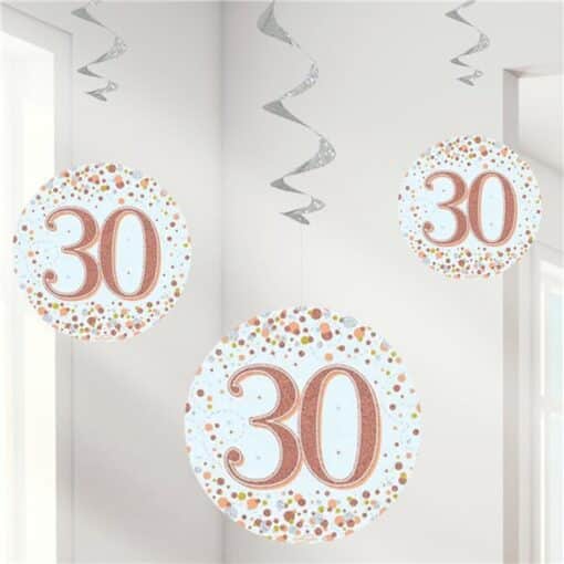 White & Rose Gold 30th Hanging Swirl Decorations