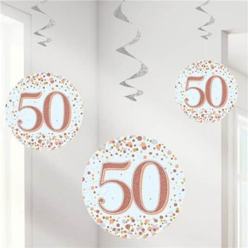 White & Rose Gold 50th Hanging Swirl Decorations