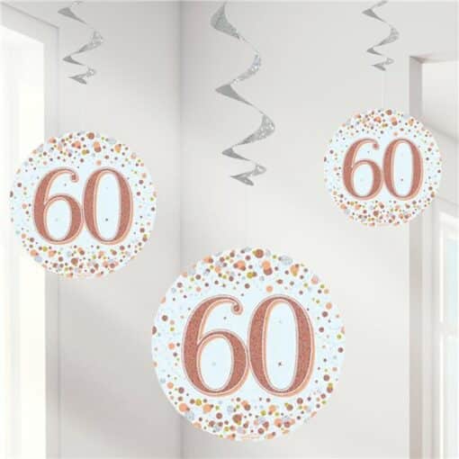 White & Rose Gold 60th Hanging Swirl Decorations