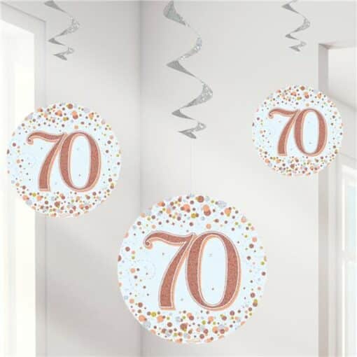 White & Rose Gold 70th Hanging Swirl Decorations