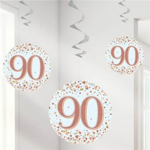 White & Rose Gold 90th Hanging Swirl Decorations