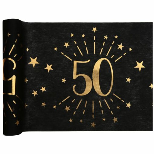 50th Black Metallic Fabric Table Runner