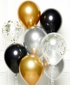 Black Gold & Silver Balloons with Ribbon