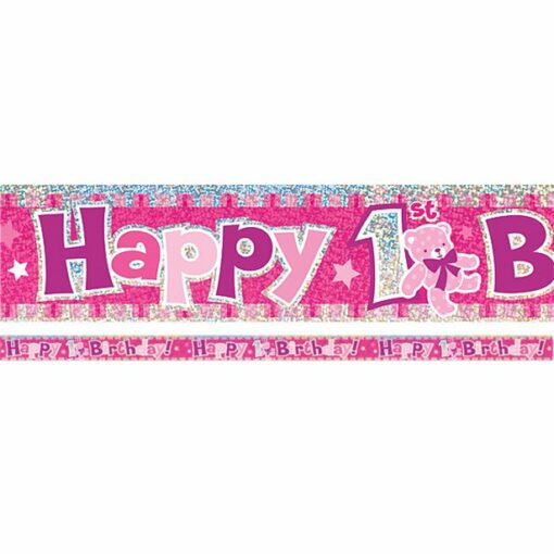 Pink 'Happy 1st Birthday' Holographic Foil Banner