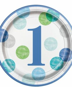 Blue Dots 1st Birthday Paper Plates