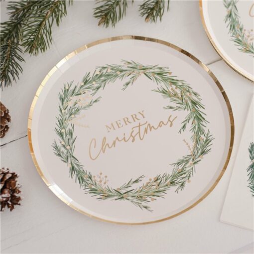 White Merry Christmas Wreath Paper Plates