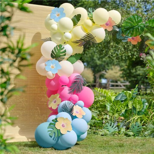 Hawaiian Tiki Balloon Arch with Tropical Flowers and Foliage