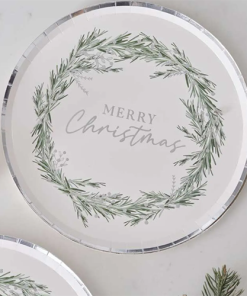 Silver Wreath Merry Christmas Paper Plates